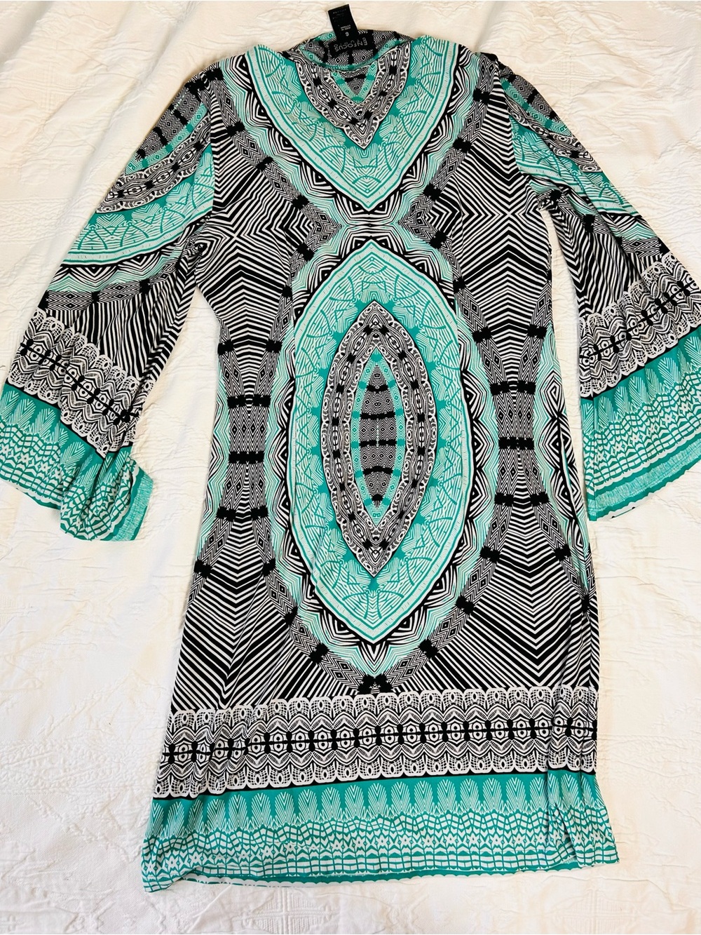 Enfocus Studio Aqua & Black Geometric Bell-Sleeve Dress